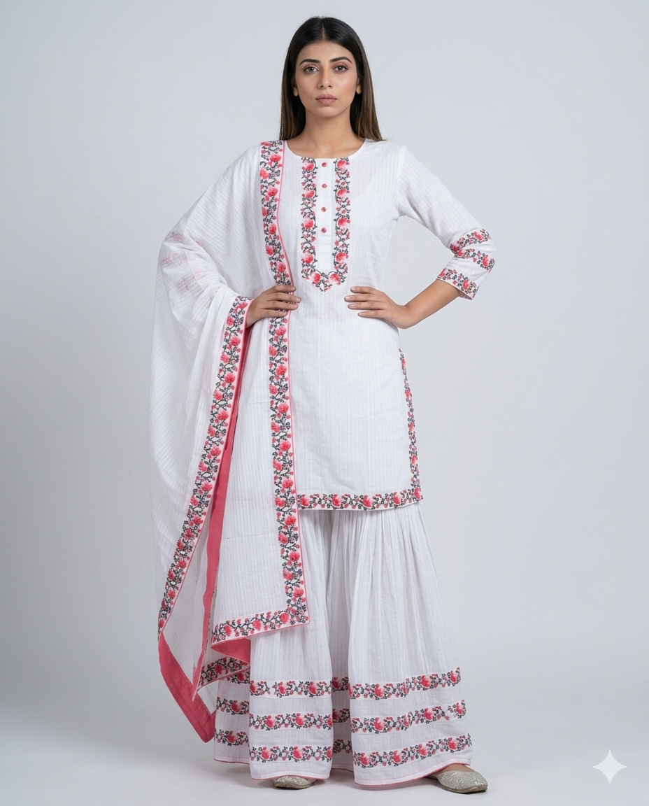 White Skin Printed Sharara Suit Set