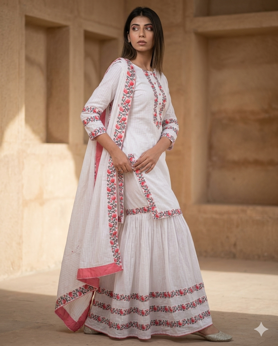 White Skin Printed Sharara Suit Set