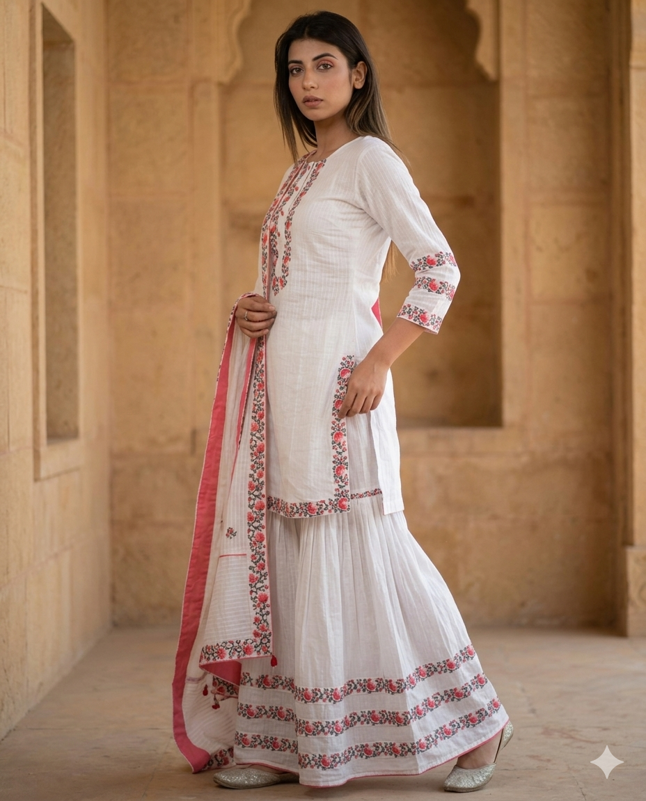 White Skin Printed Sharara Suit Set