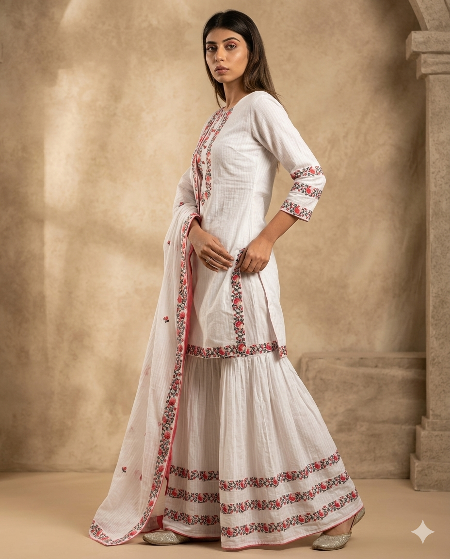 White Skin Printed Sharara Suit Set