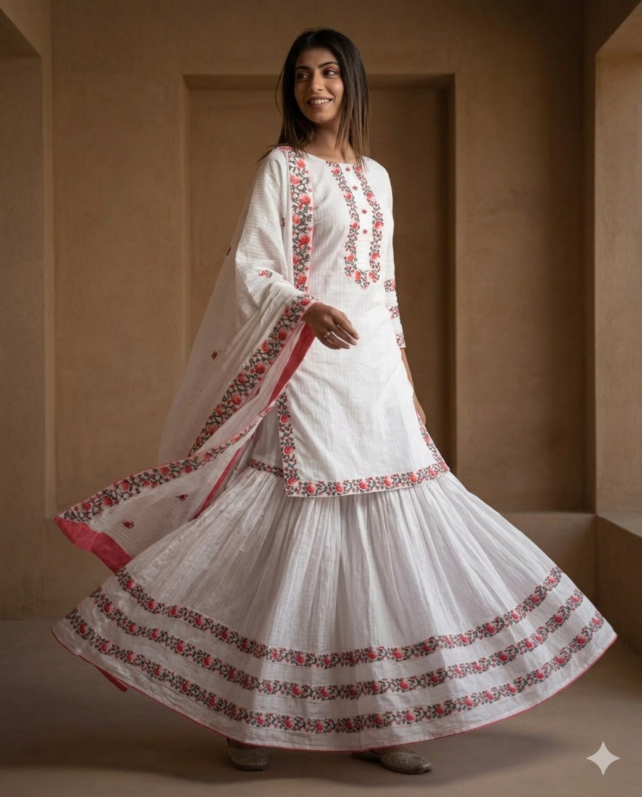 White Skin Printed Sharara Suit Set