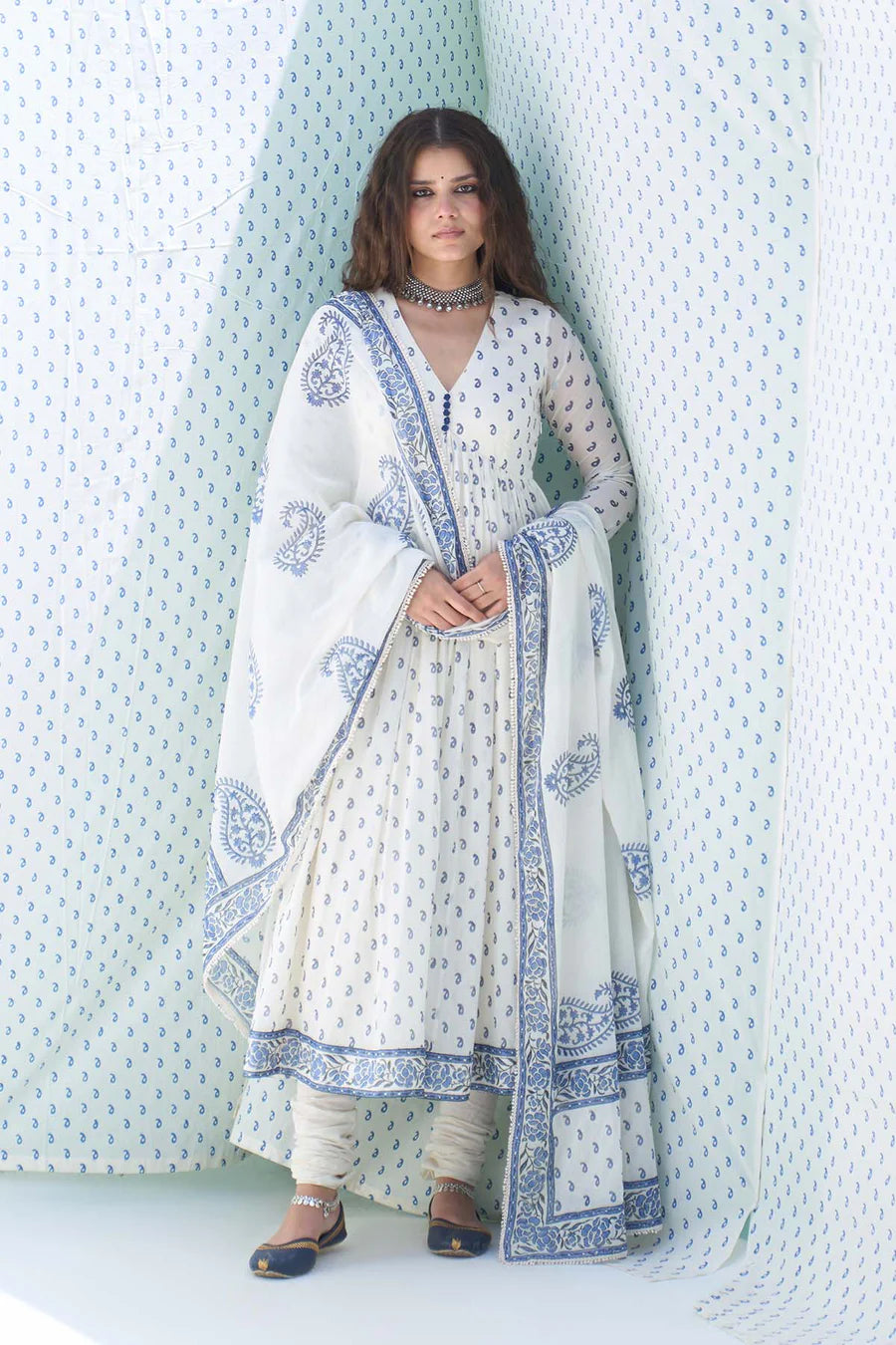 Blue printed v neck anarkali with chooridar and dupatta
