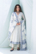 Blue printed v neck anarkali with chooridar and dupatta