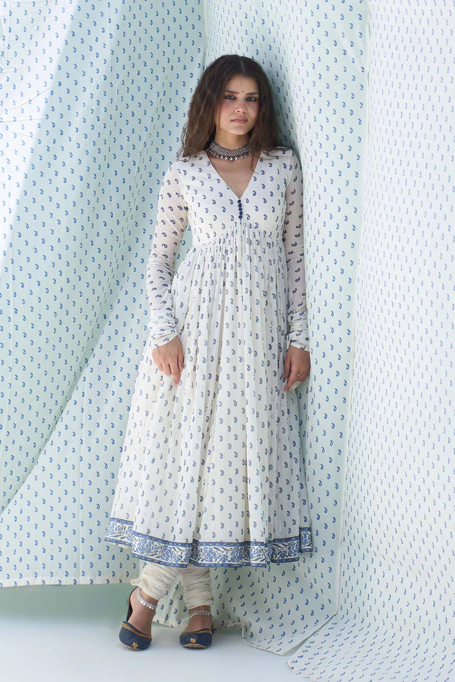 Blue printed v neck anarkali with chooridar and dupatta