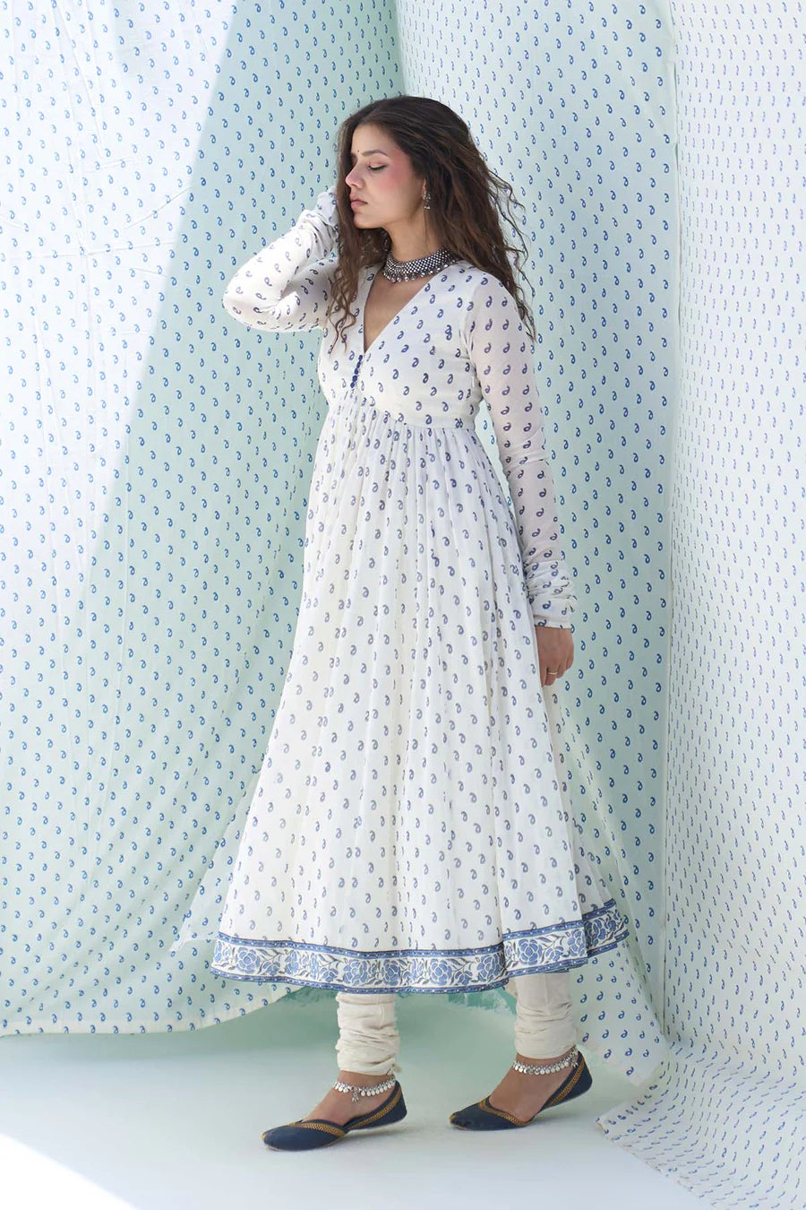 Blue printed v neck anarkali with chooridar and dupatta