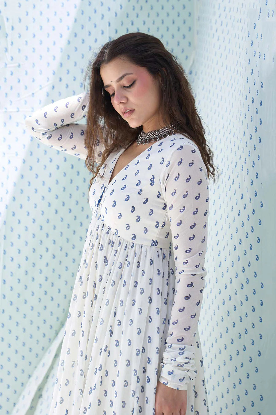 Blue printed v neck anarkali with chooridar and dupatta