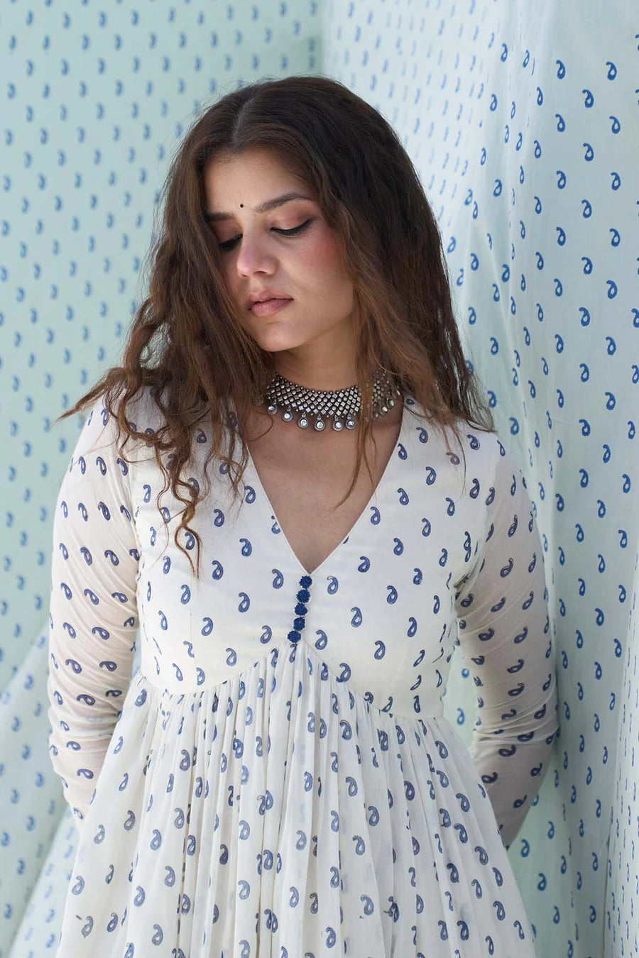 Blue printed v neck anarkali with chooridar and dupatta