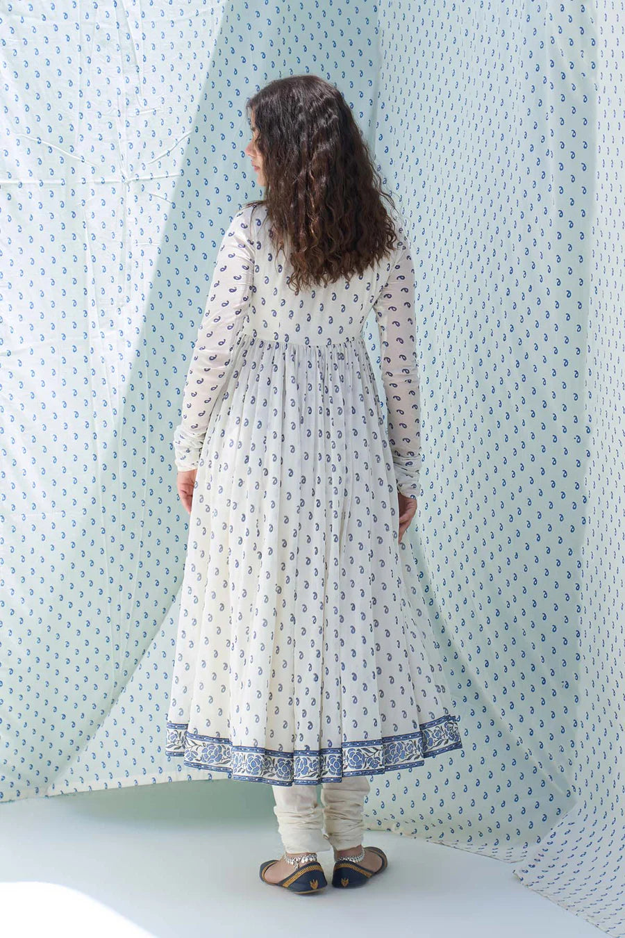 Blue printed v neck anarkali with chooridar and dupatta