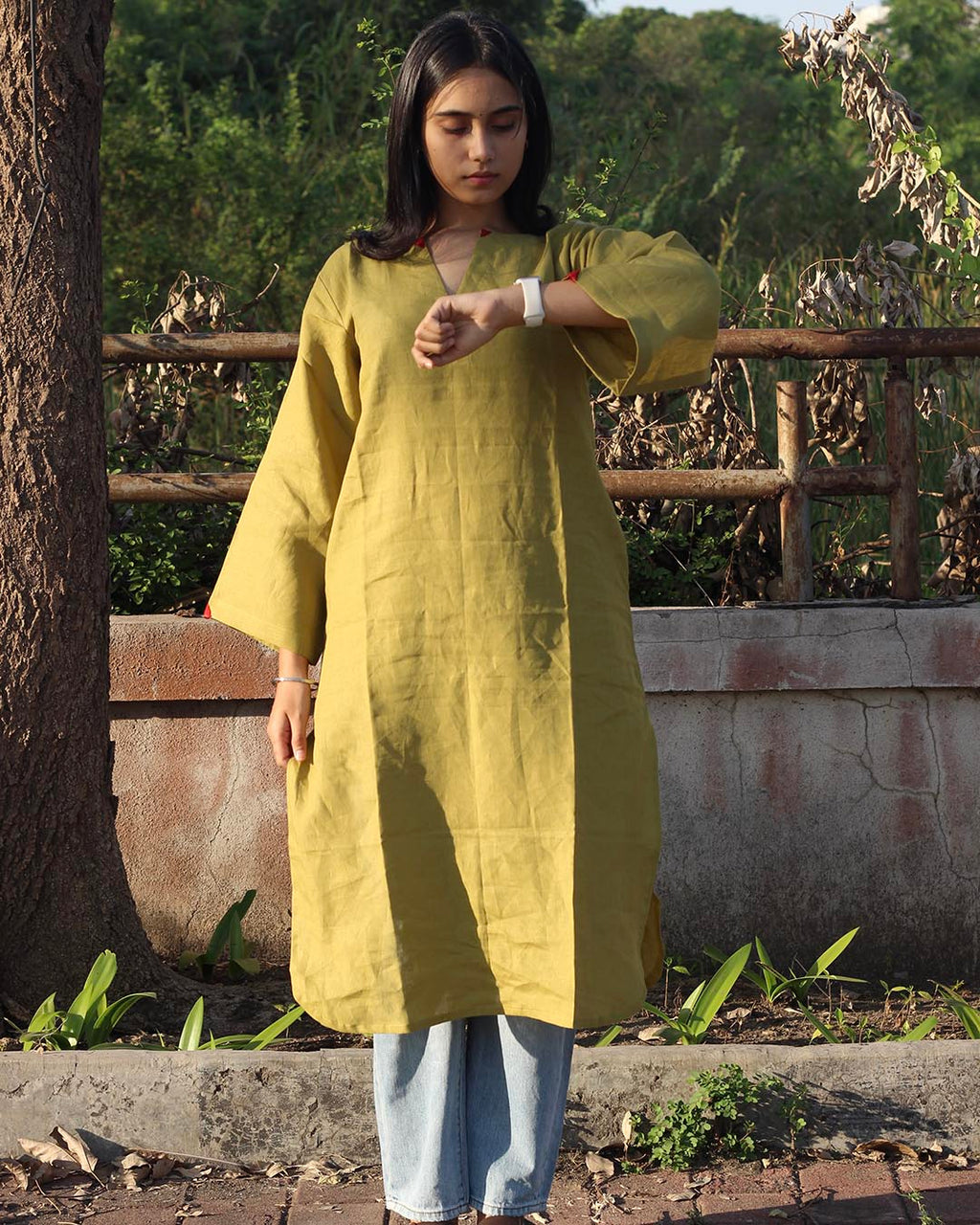 Mustard Green Premium Cotton Long Kurta