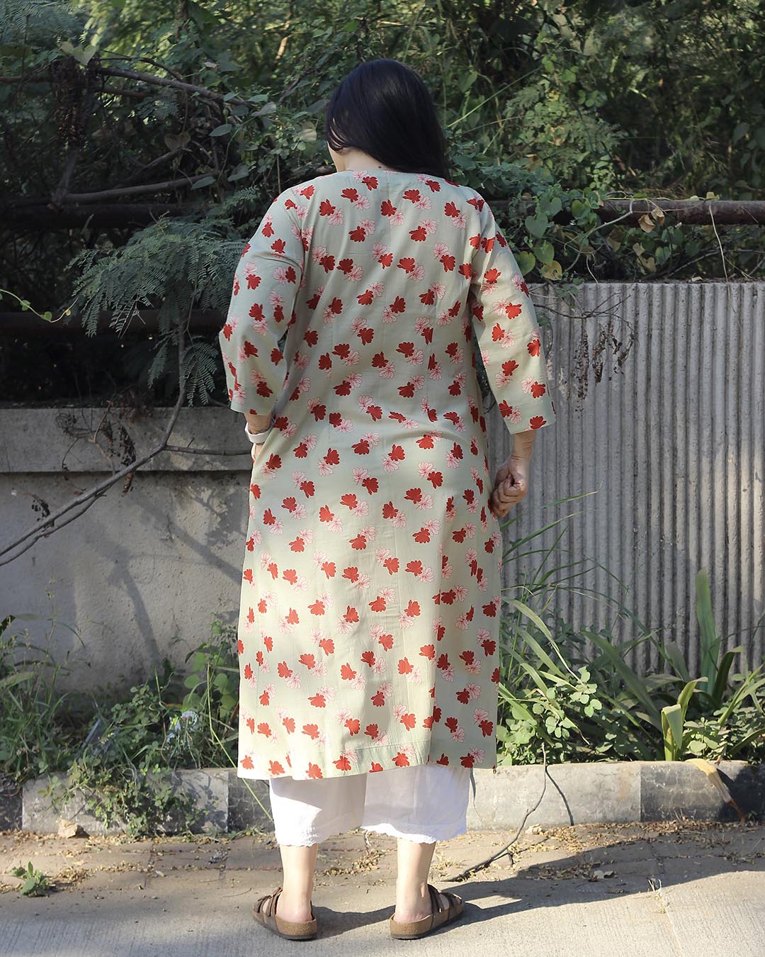 Light Pista Printed Long Kurta – Cotton