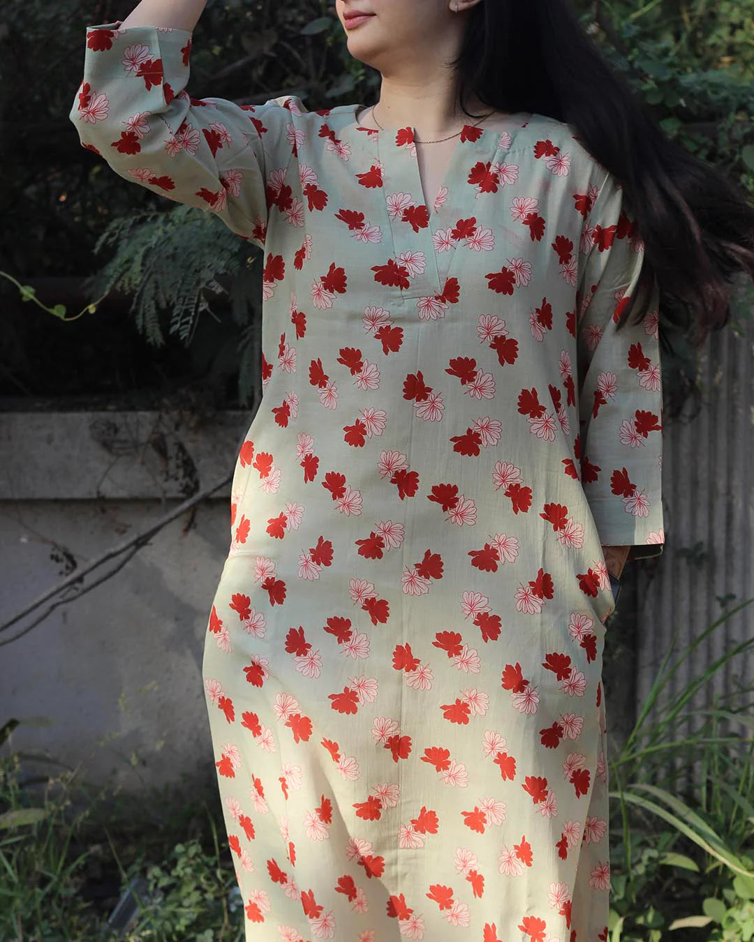 Light Pista Printed Long Kurta – Cotton