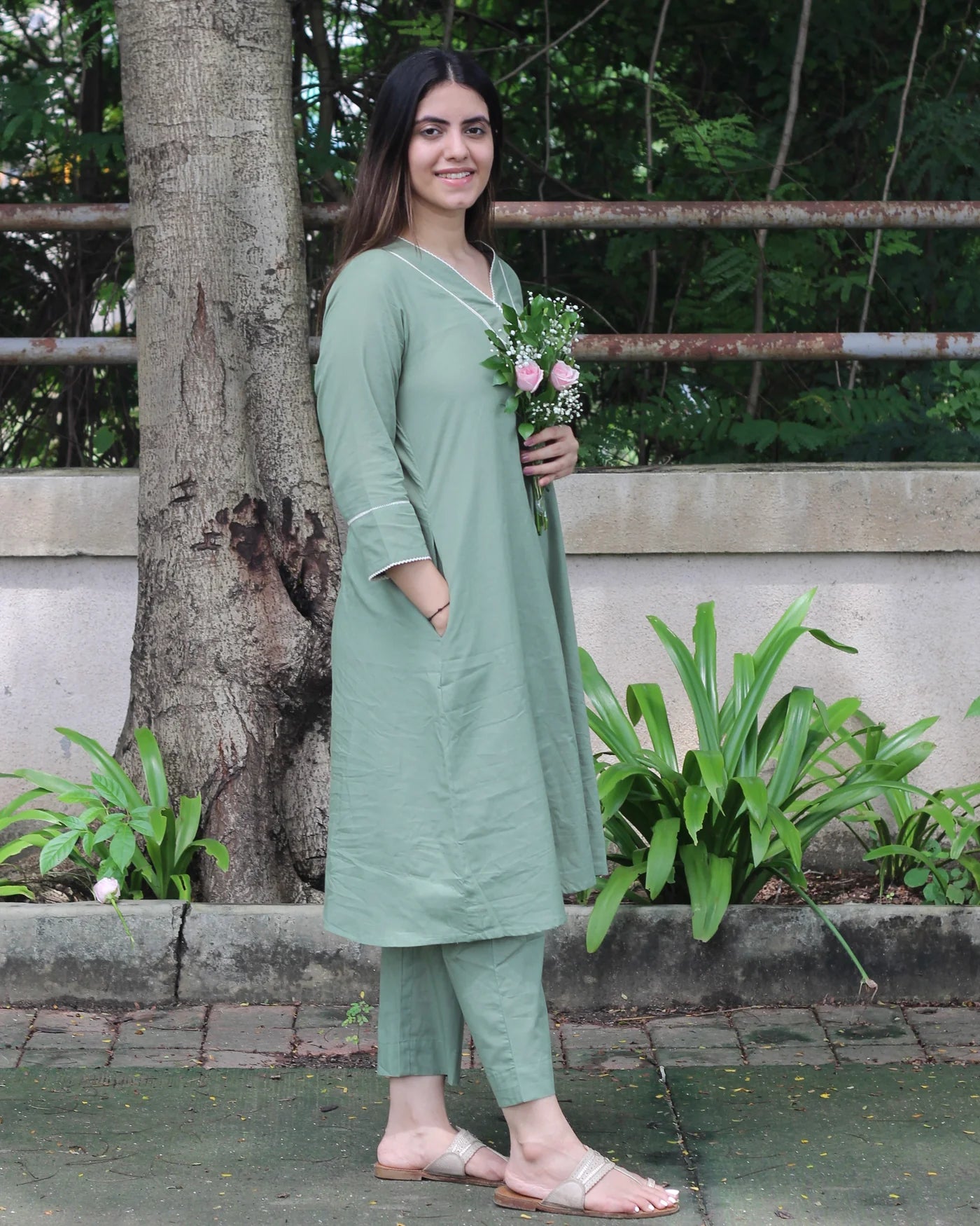 Premium Cotton Sage Green Long Kurta Set