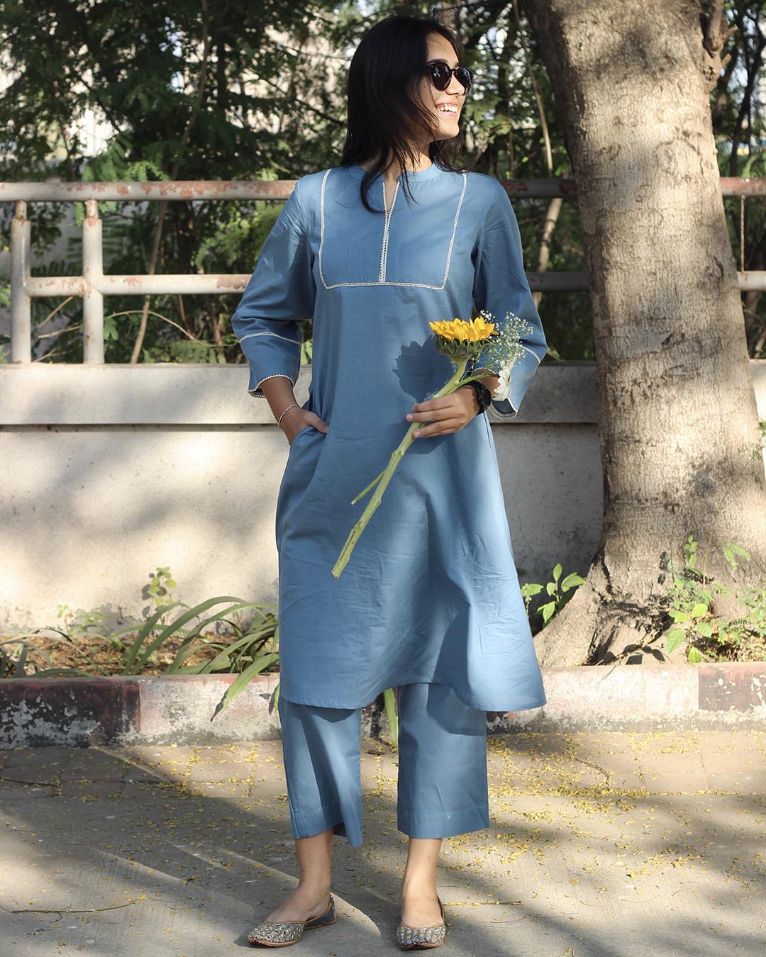 Premium Cotton Steel Blue Laced Long Kurta