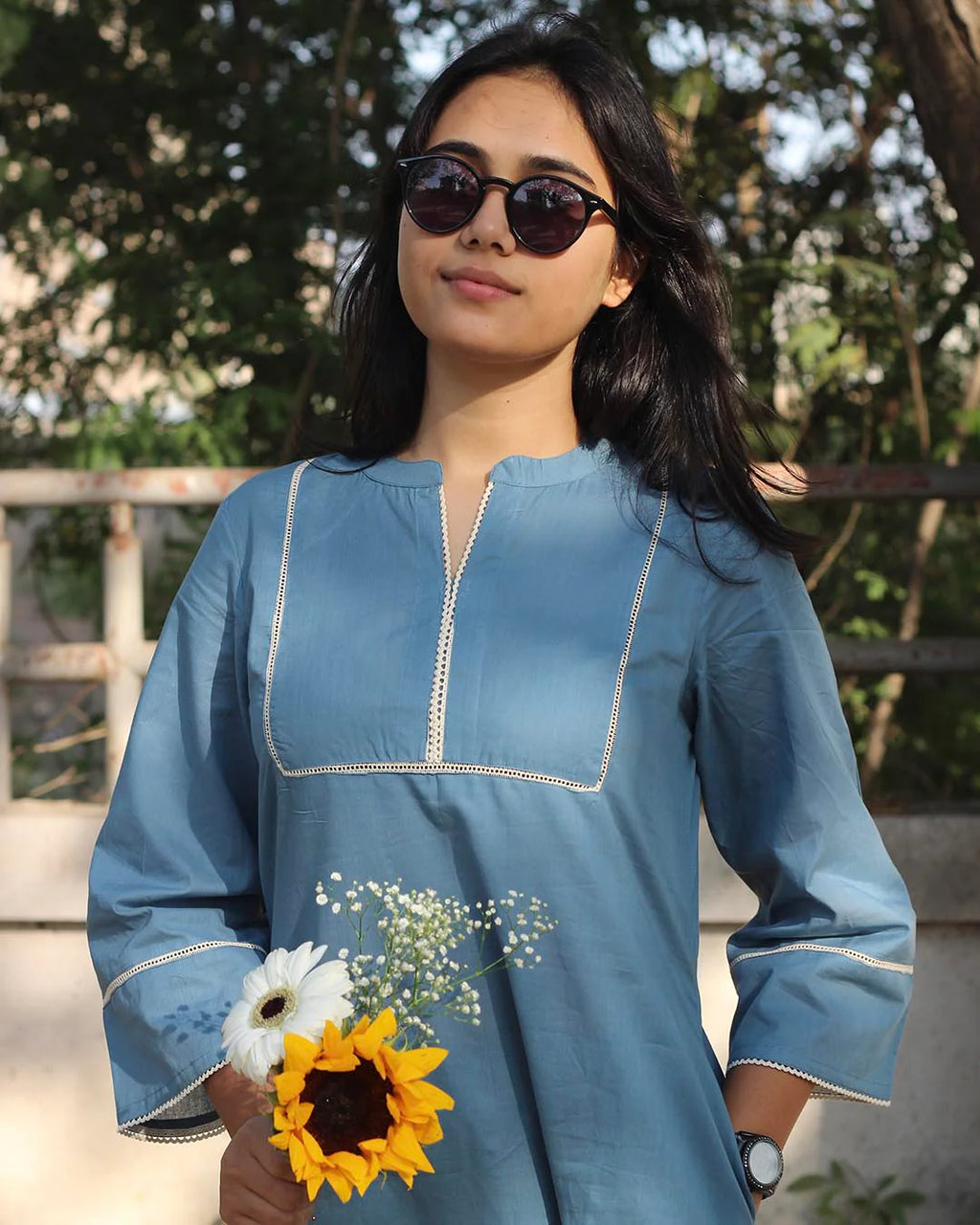 Premium Cotton Steel Blue Laced Long Kurta