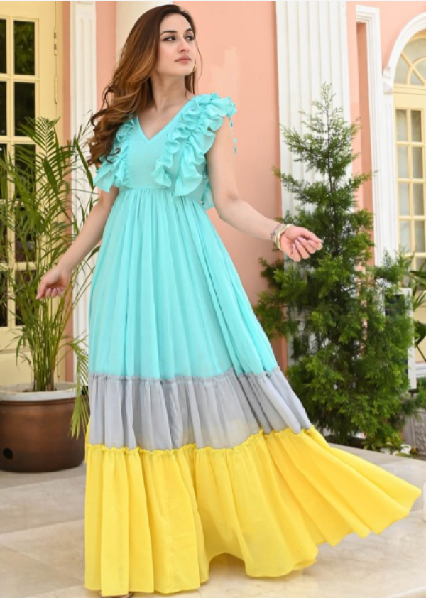 Boshon Colourblocked Cotton Ethnic Maxi Dress