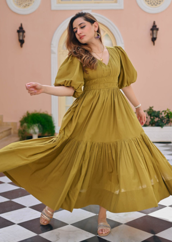 Solid V-Neck Ethnic Maxi Dress