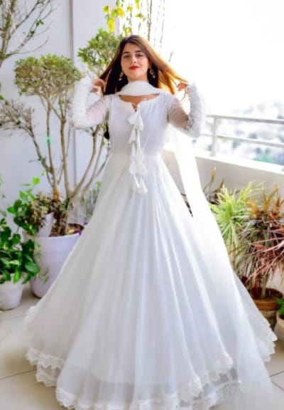 Boshon White Georgette With Inner Designer Gown Dress