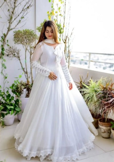 Boshon White Georgette With Inner Designer Gown Dress