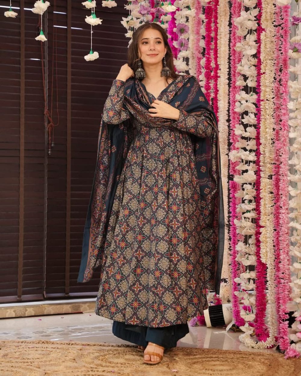 Blue & Red Cotton Printed Anarkali Suit Set