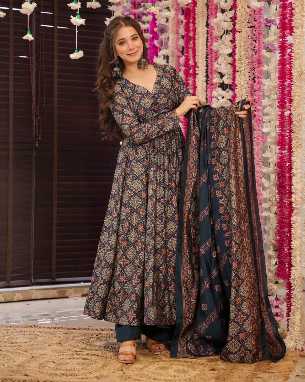 Blue & Red Cotton Printed Anarkali Suit Set