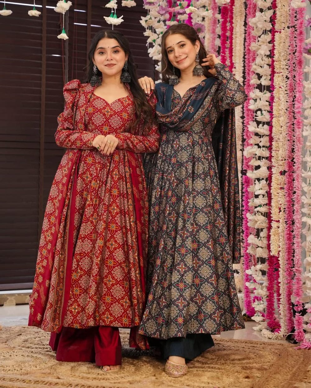 Blue & Red Cotton Printed Anarkali Suit Set