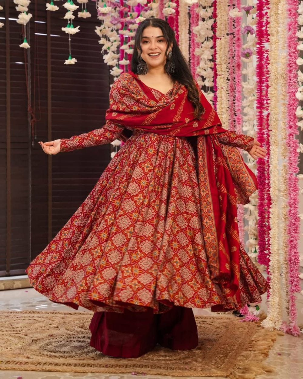 Blue & Red Cotton Printed Anarkali Suit Set
