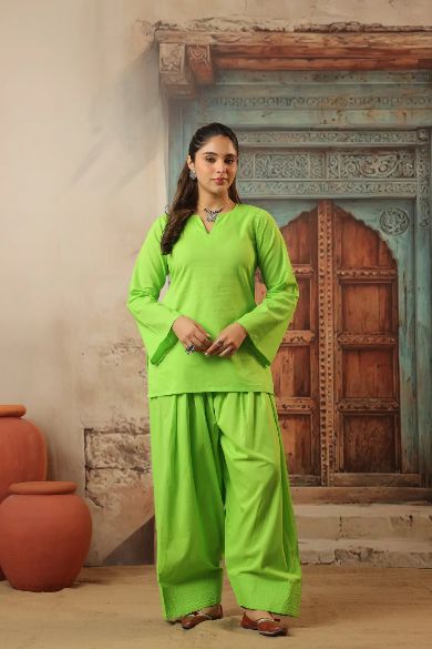 Green Stylish Cotton Kurta Set – 2-Piece