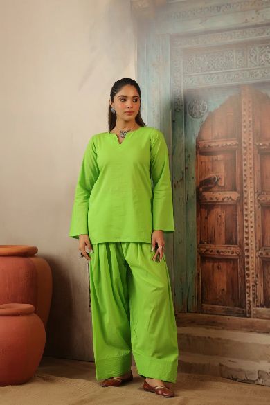 Green Stylish Cotton Kurta Set – 2-Piece