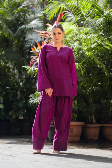 Purple Stylish Cotton Kurta Set – 2-Piece