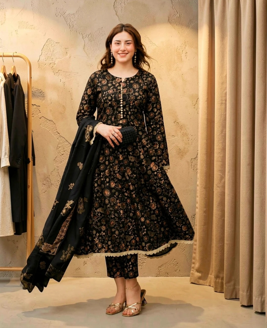 Kashish Cotton Screen Printed Dress Black