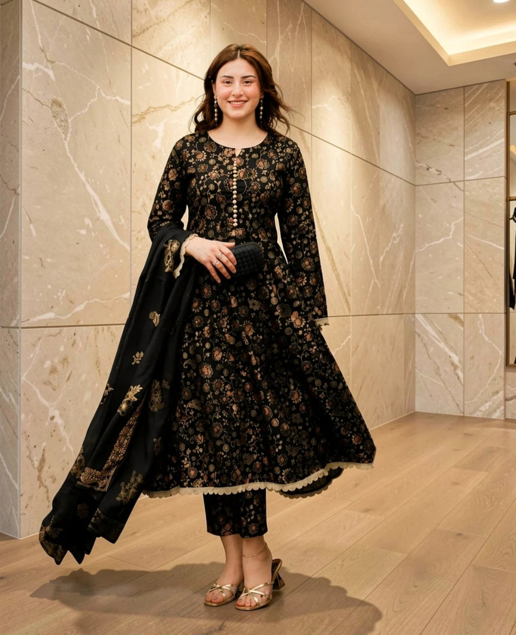 Kashish Cotton Screen Printed Dress Black