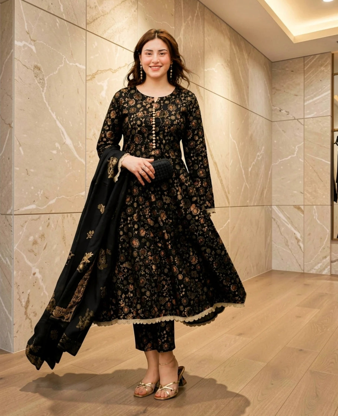 Kashish Cotton Screen Printed Dress Black