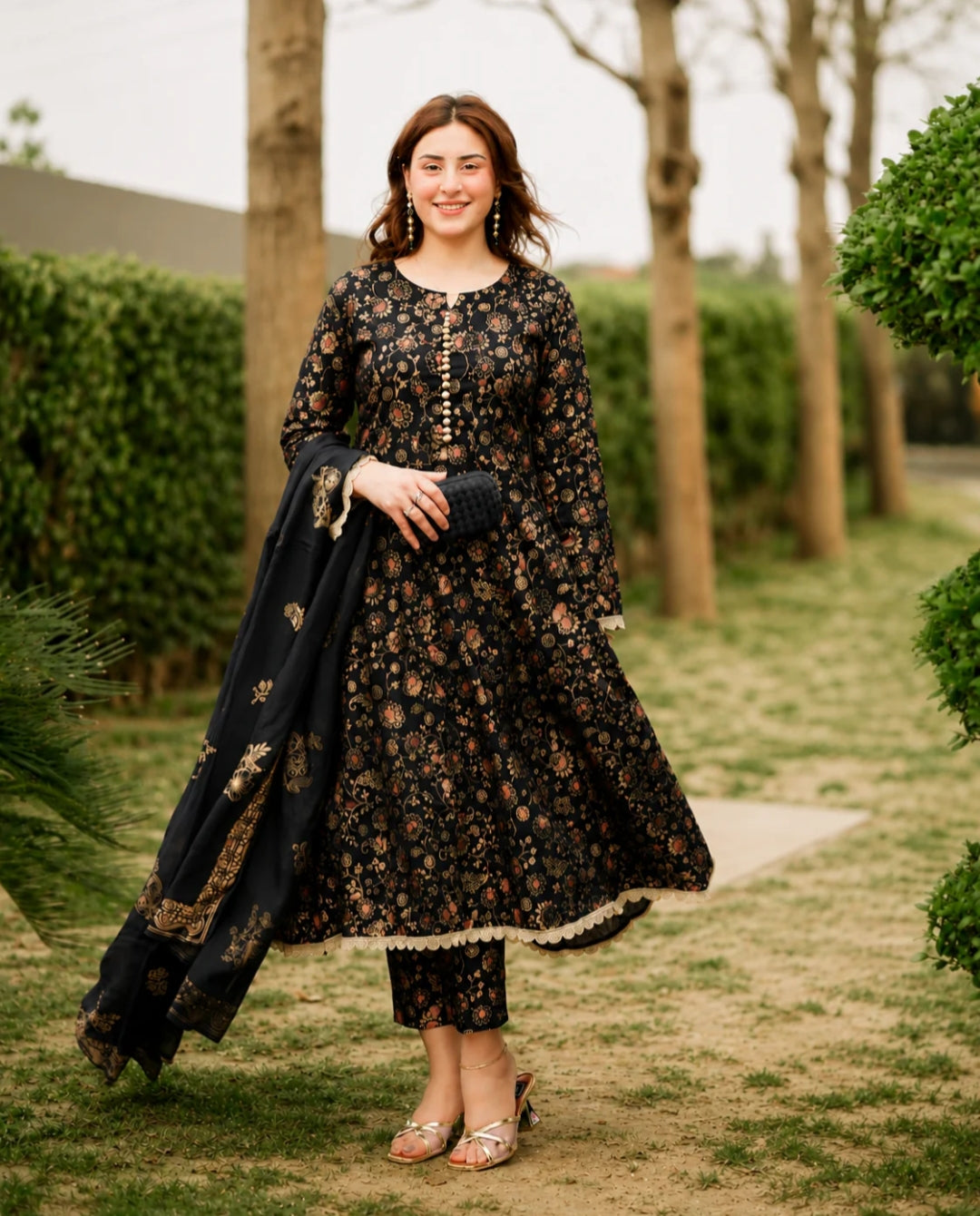 Kashish Cotton Screen Printed Dress Black