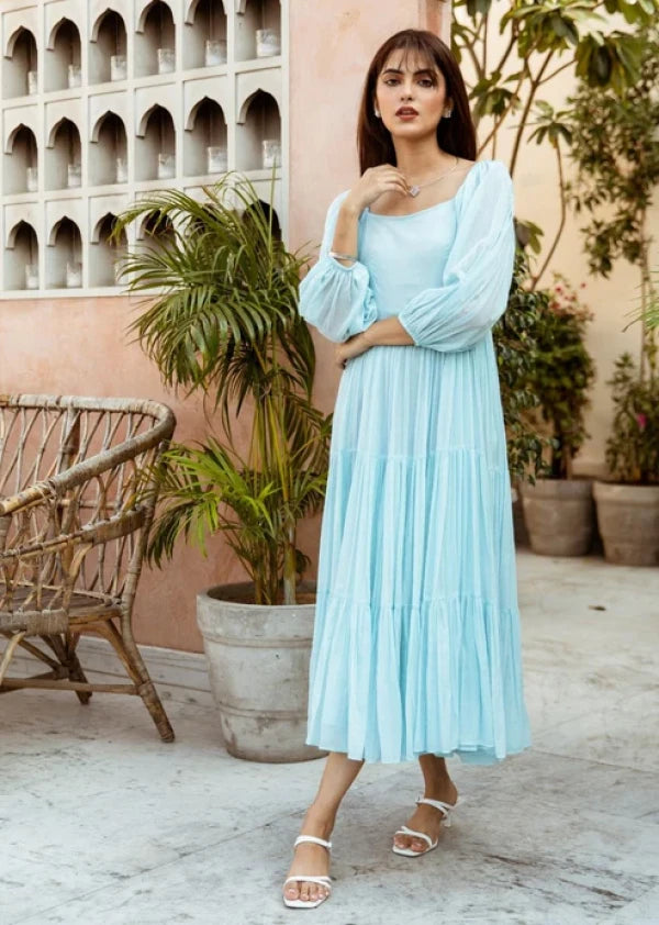 Boshon Powder Blue Square Neck Tiered Dress