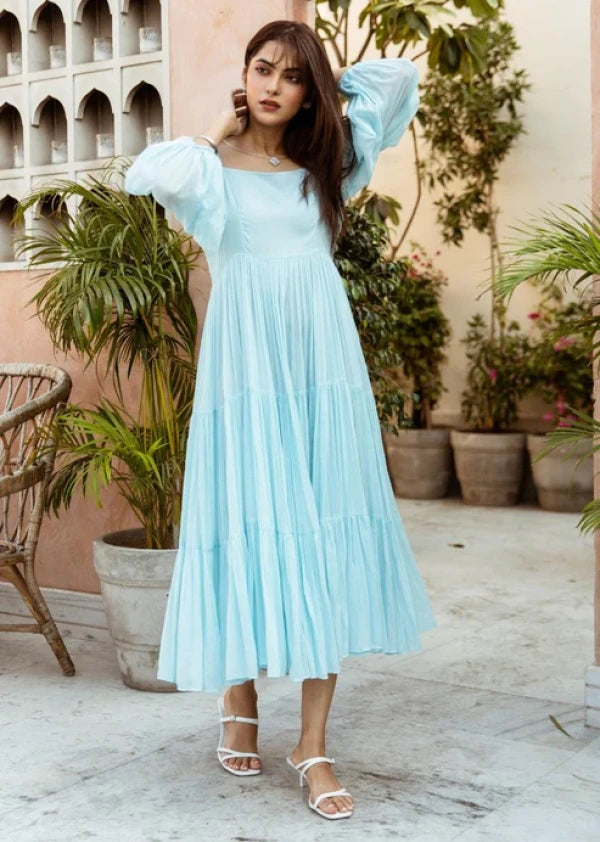 Boshon Powder Blue Square Neck Tiered Dress