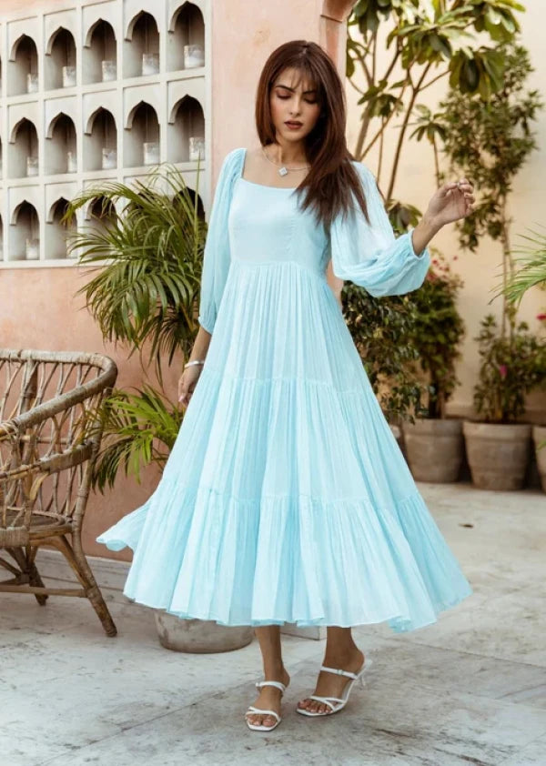 Boshon Powder Blue Square Neck Tiered Dress