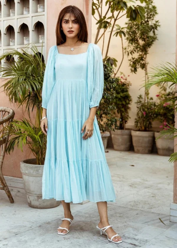 Boshon Powder Blue Square Neck Tiered Dress