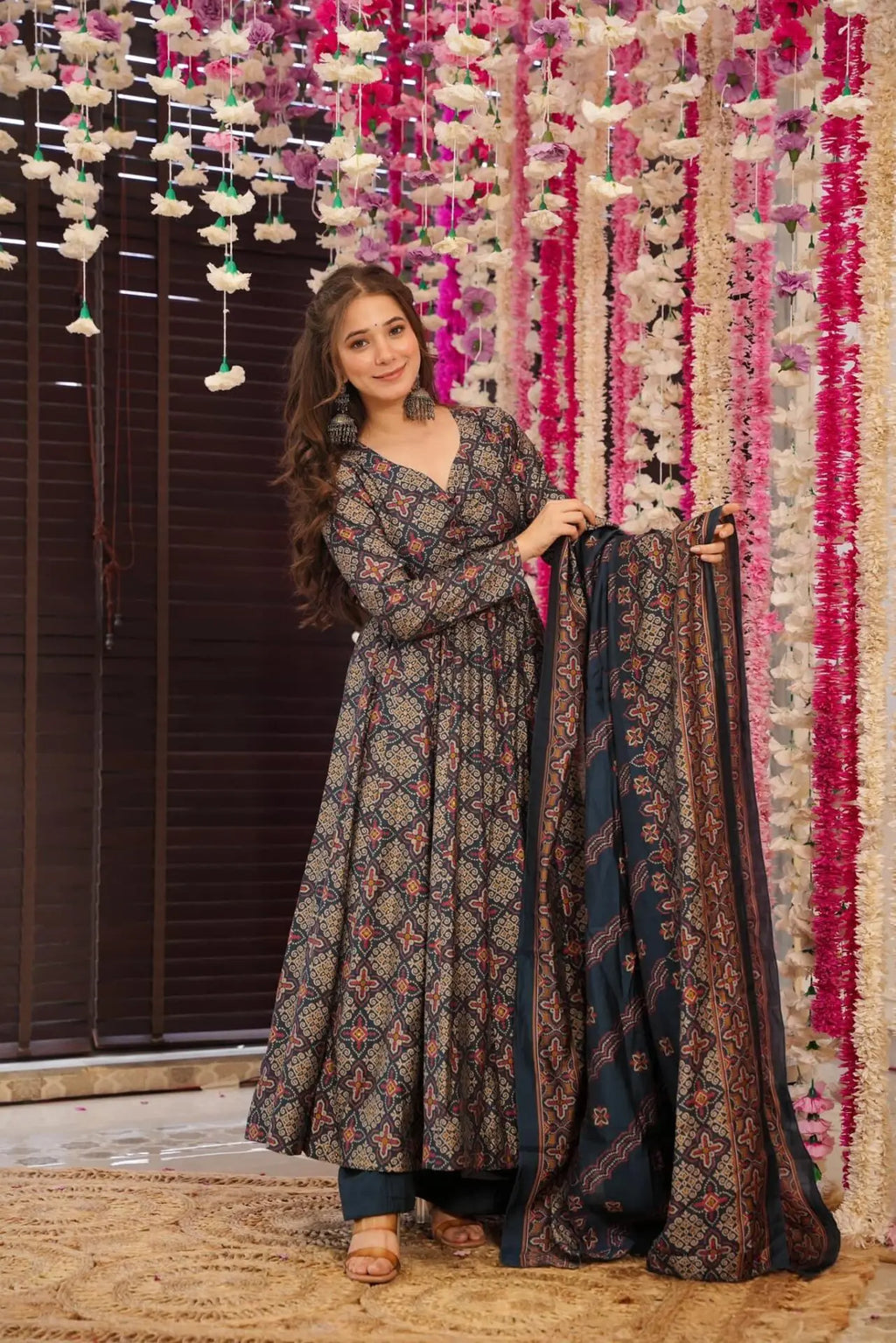 Blue Cotton Printed Anarkali Suit Set
