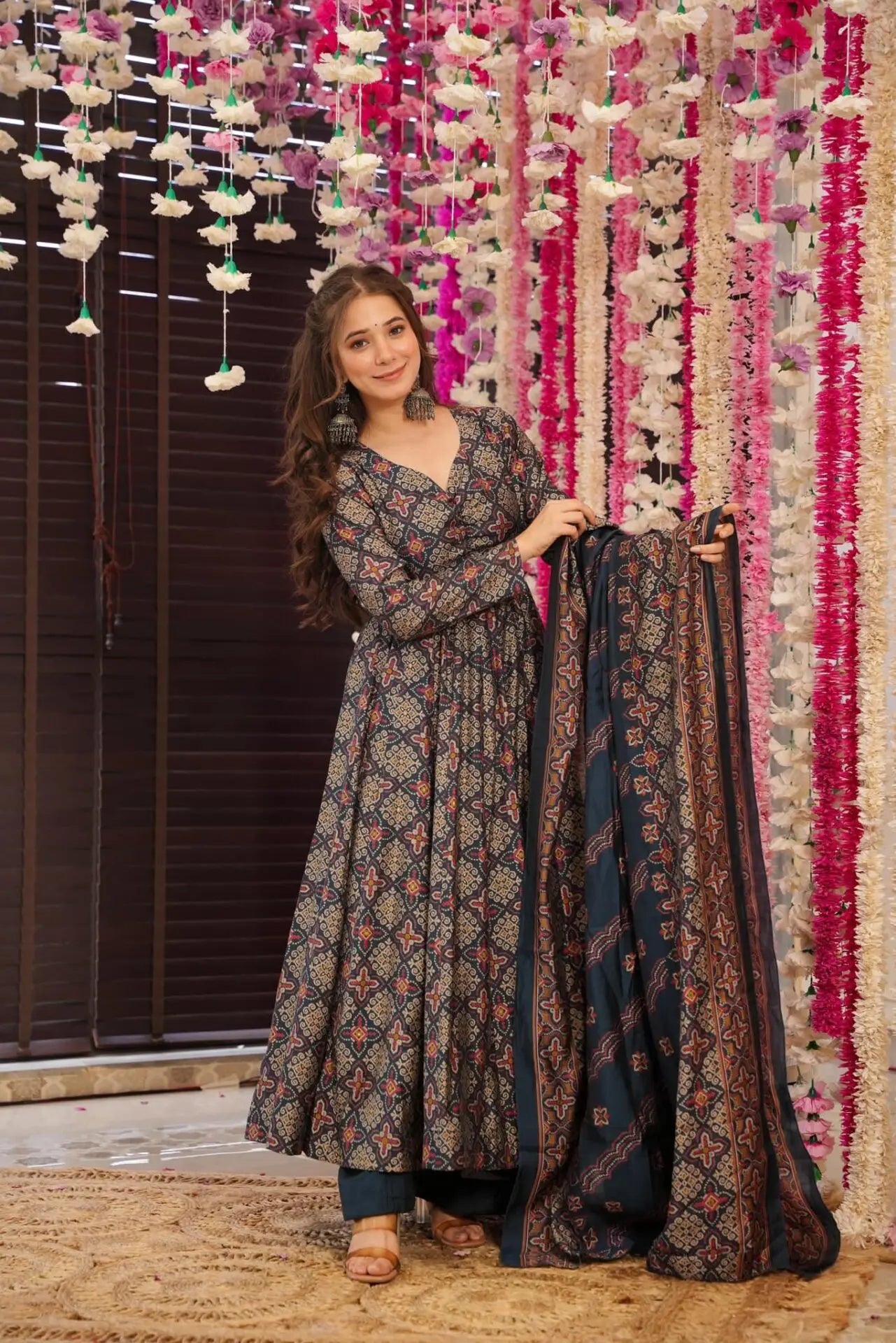 Blue Cotton Printed Anarkali Suit Set