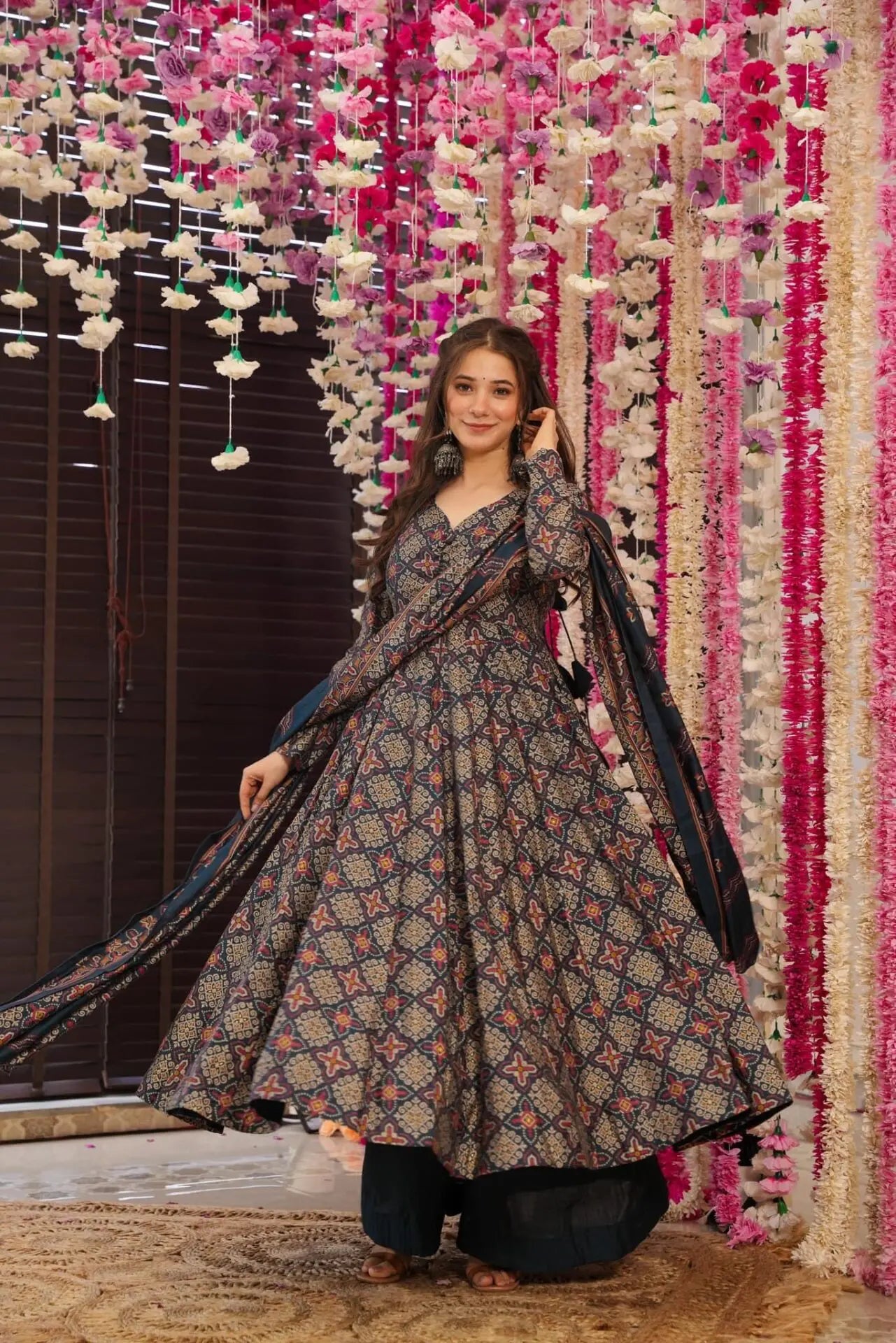 Blue Cotton Printed Anarkali Suit Set
