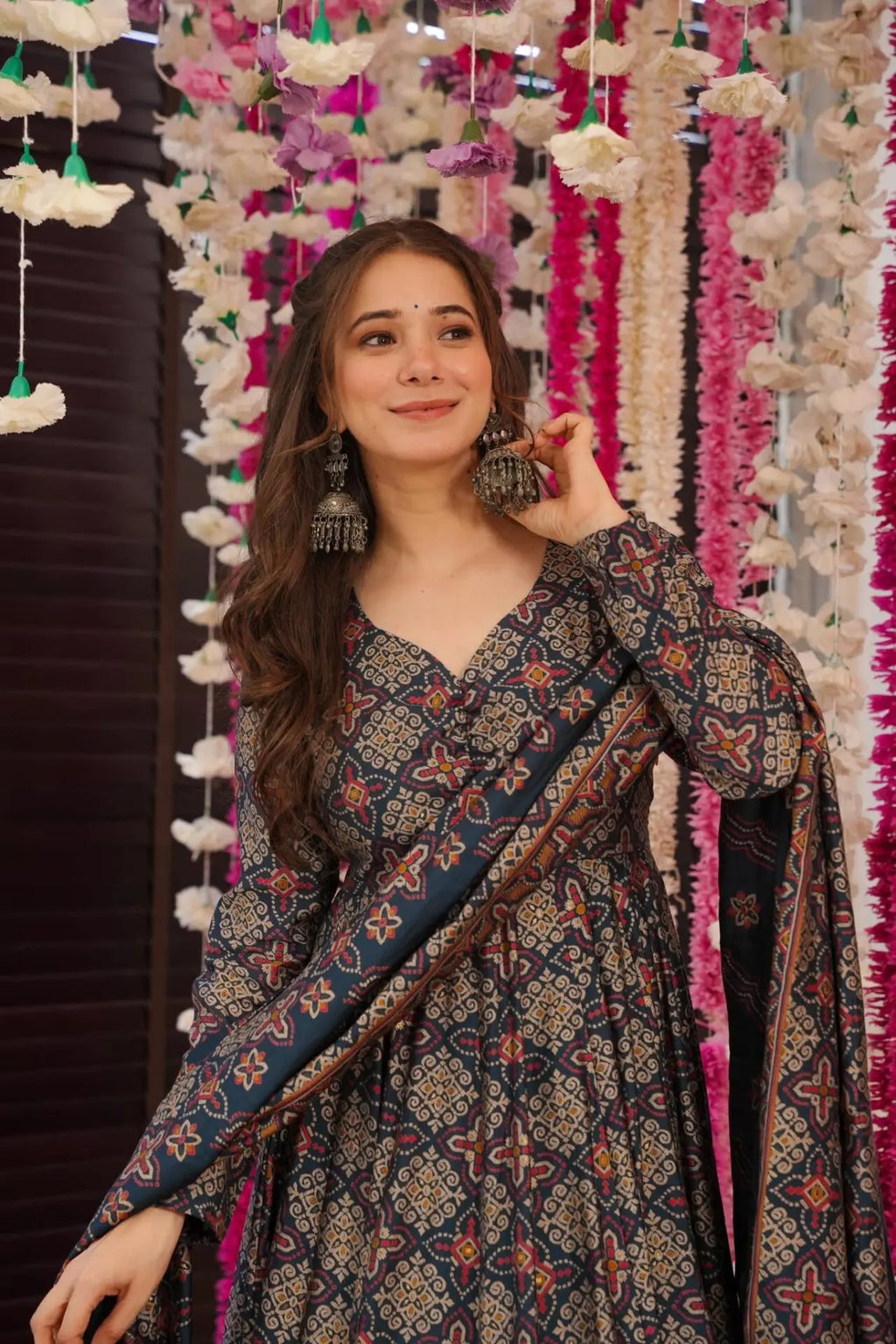 Blue Cotton Printed Anarkali Suit Set