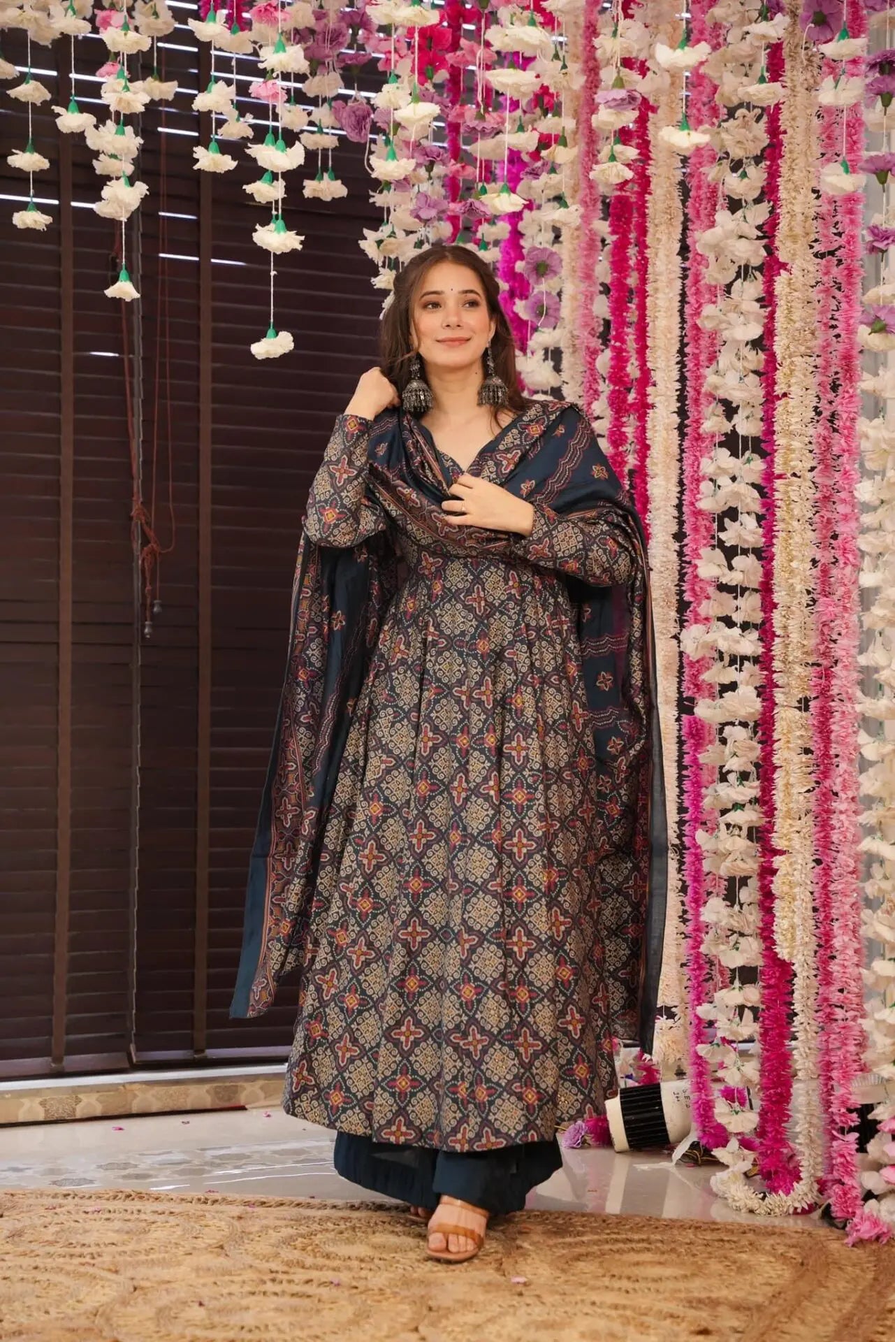 Blue Cotton Printed Anarkali Suit Set