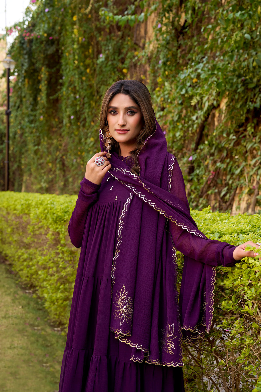 Purple Hand Embroidery Anarkali Suit Set