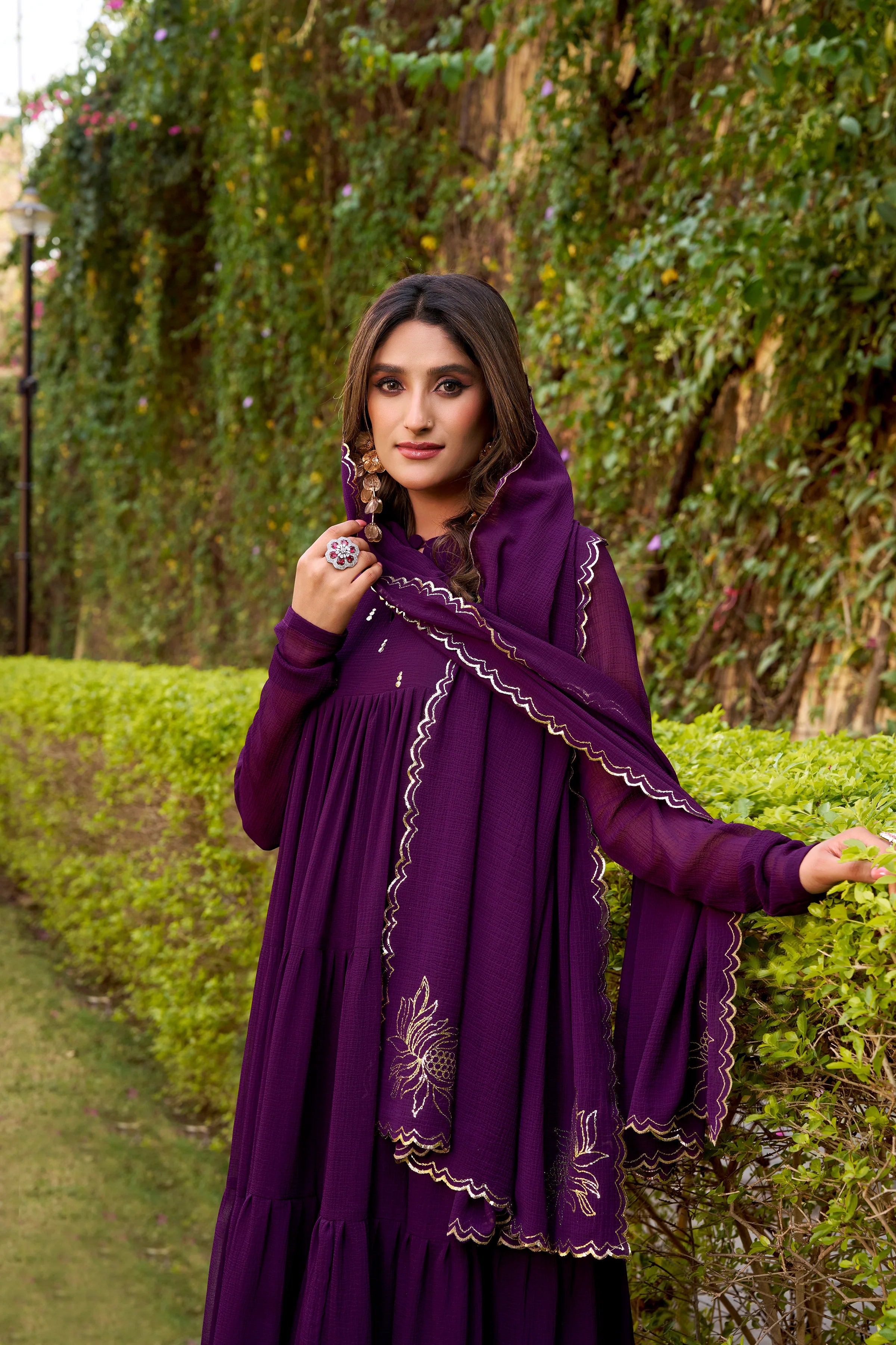 Purple Hand Embroidery Anarkali Suit Set