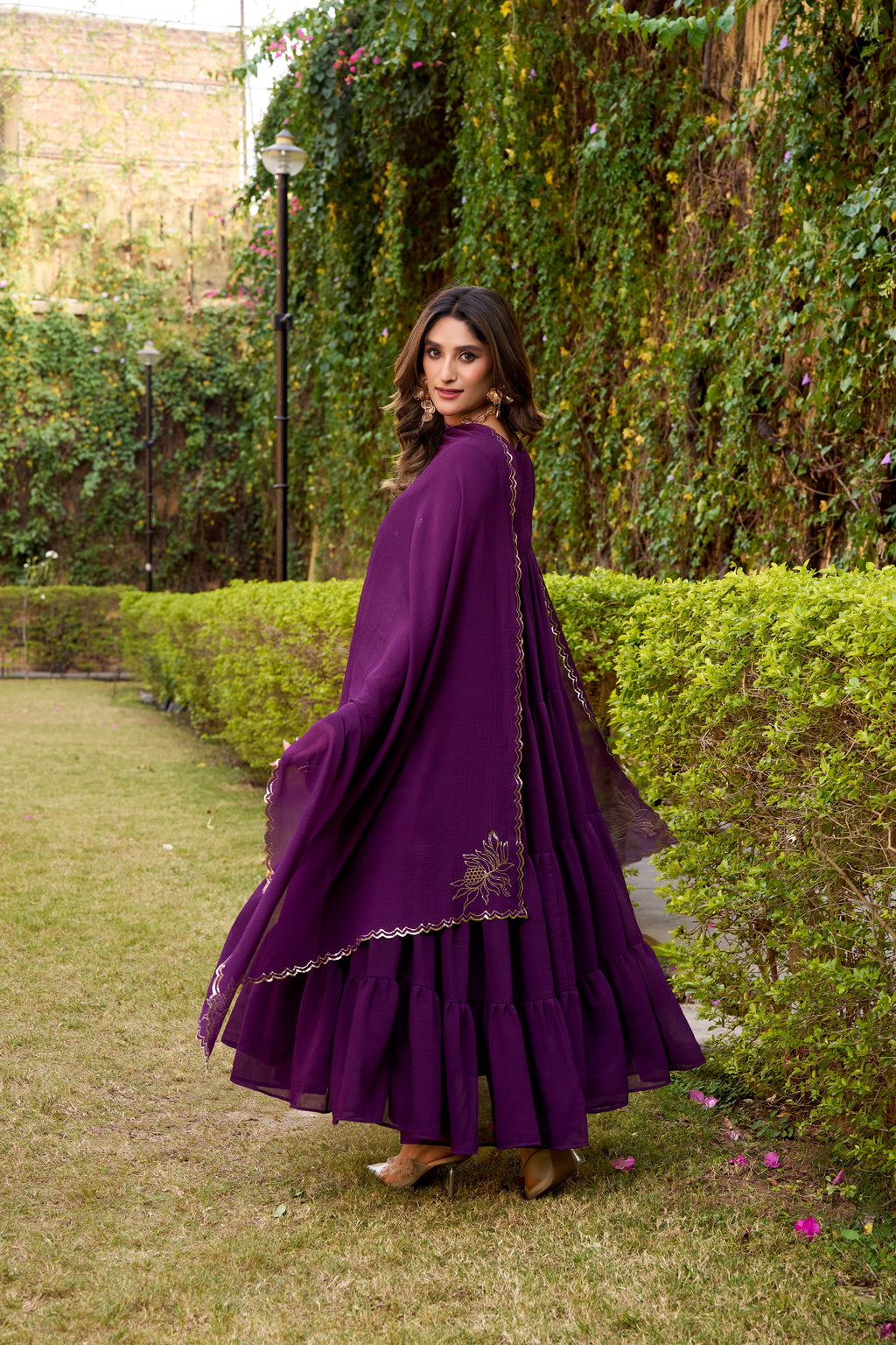 Purple Hand Embroidery Anarkali Suit Set