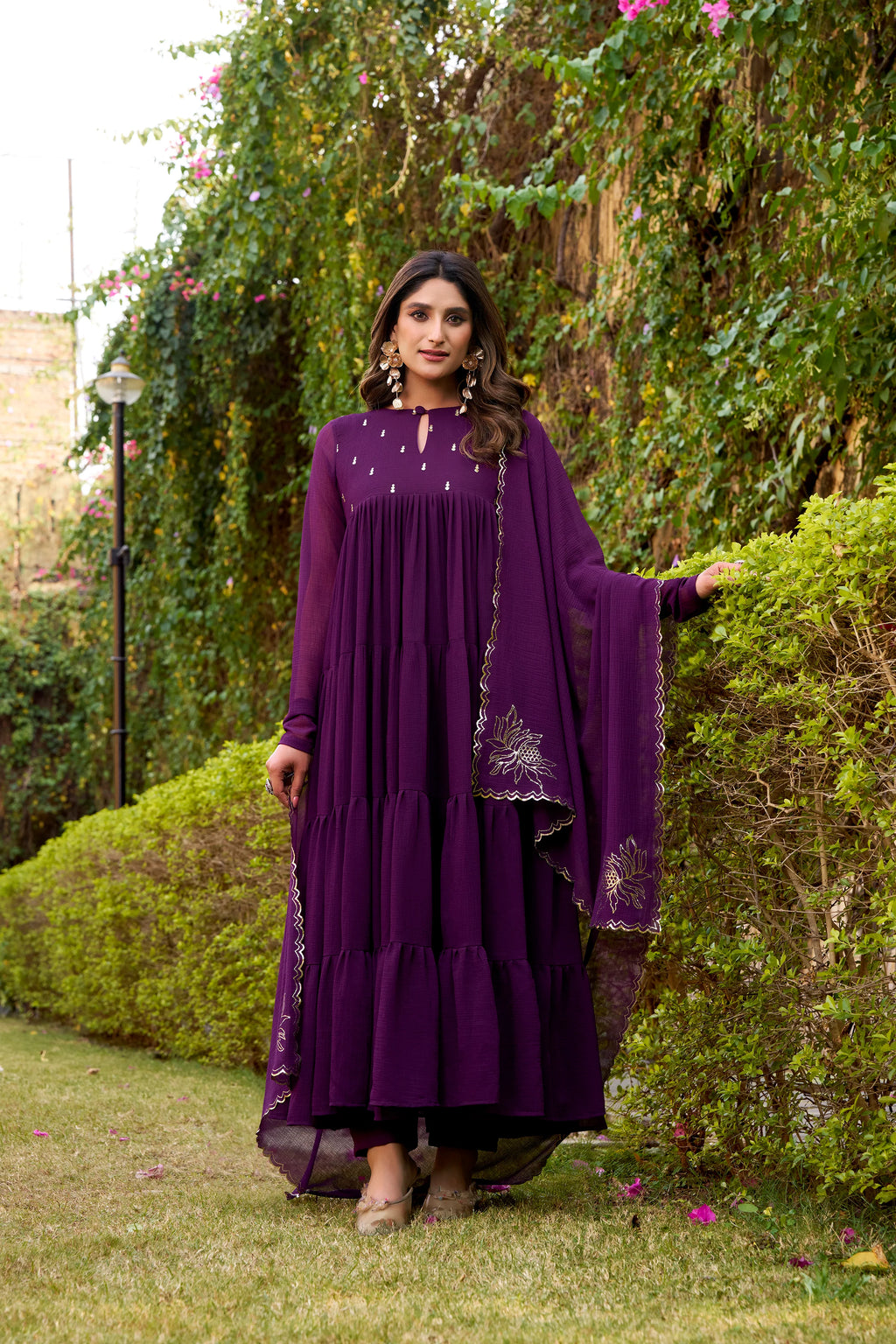 Purple Hand Embroidery Anarkali Suit Set