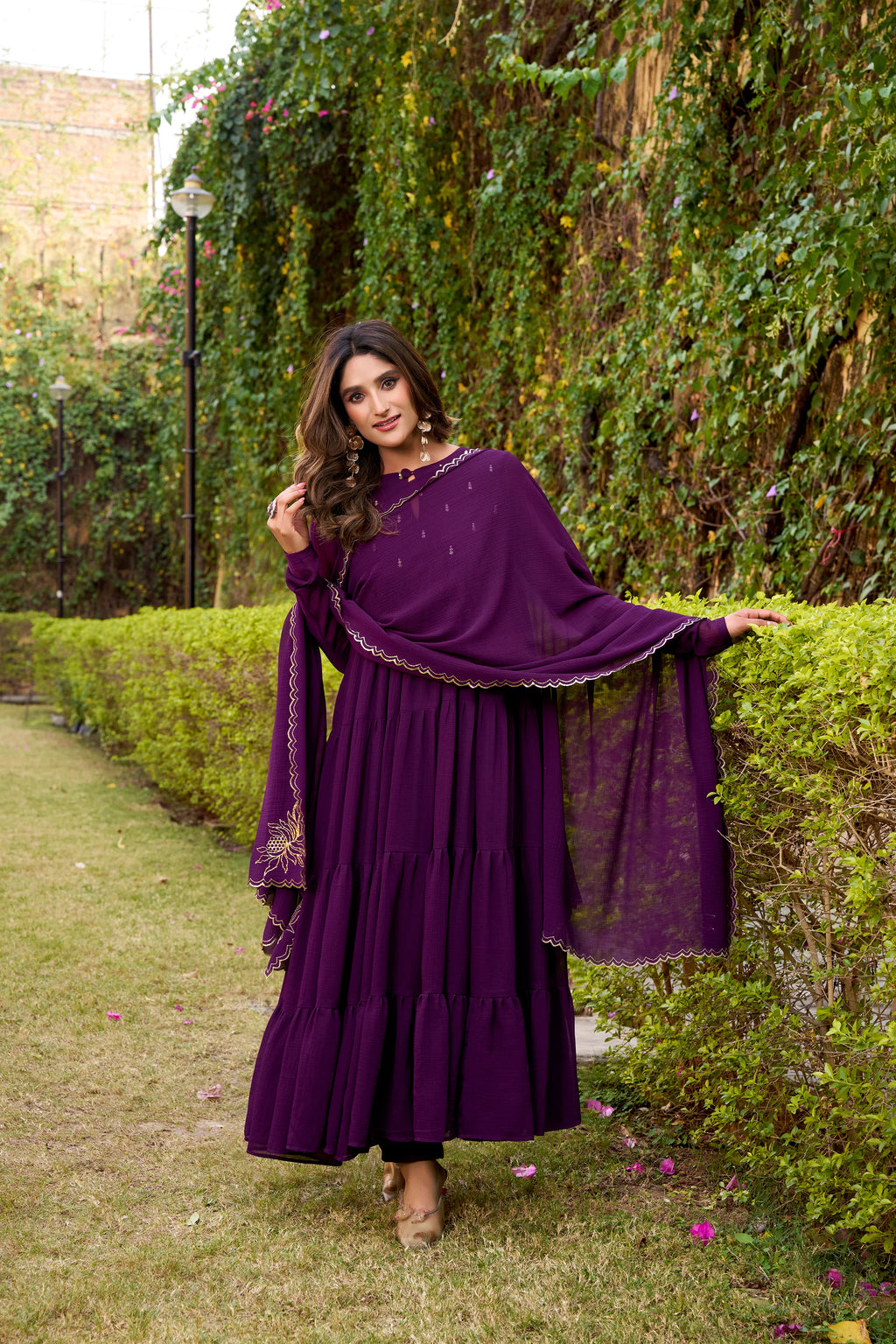 Purple Hand Embroidery Anarkali Suit Set