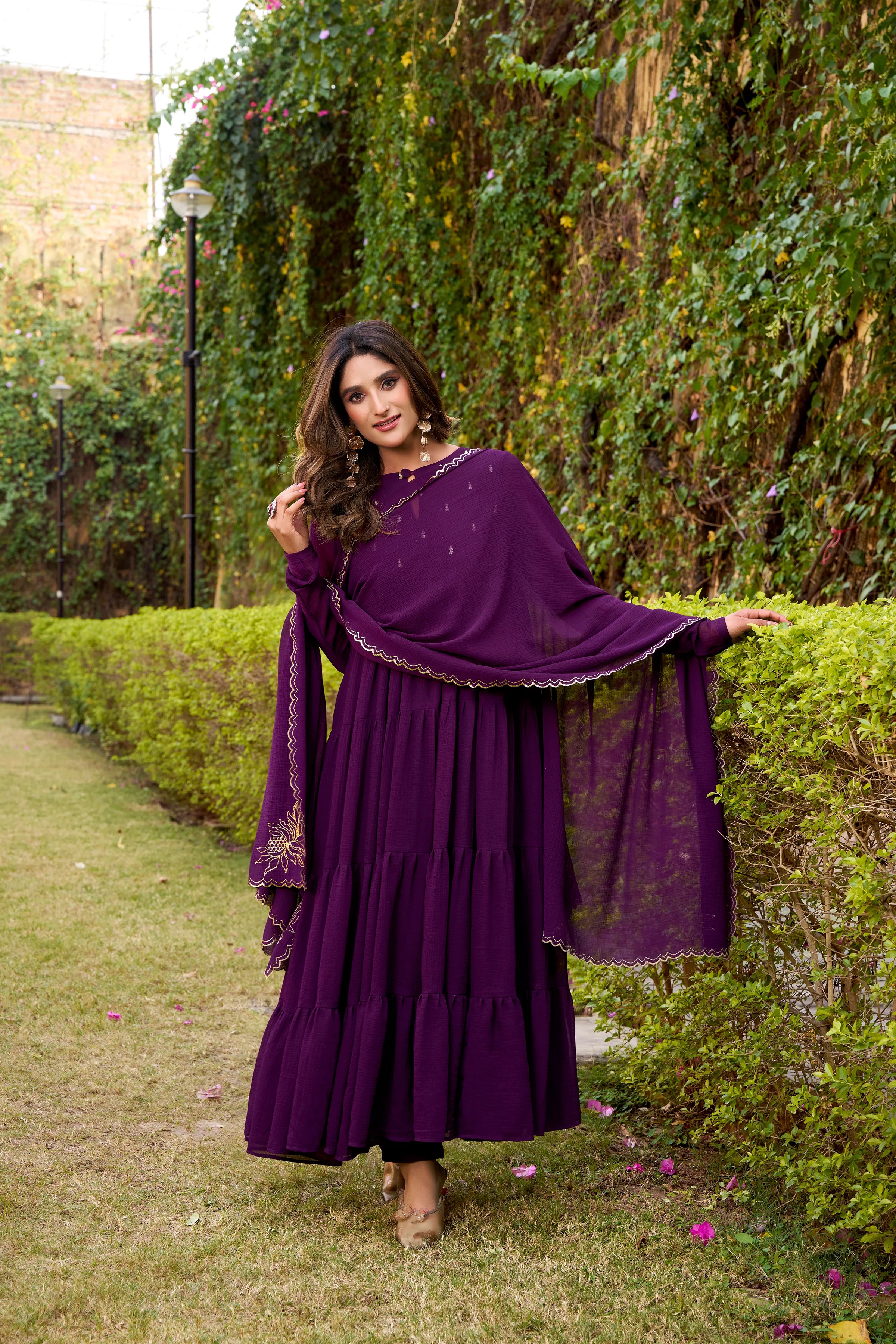 Purple Hand Embroidery Anarkali Suit Set