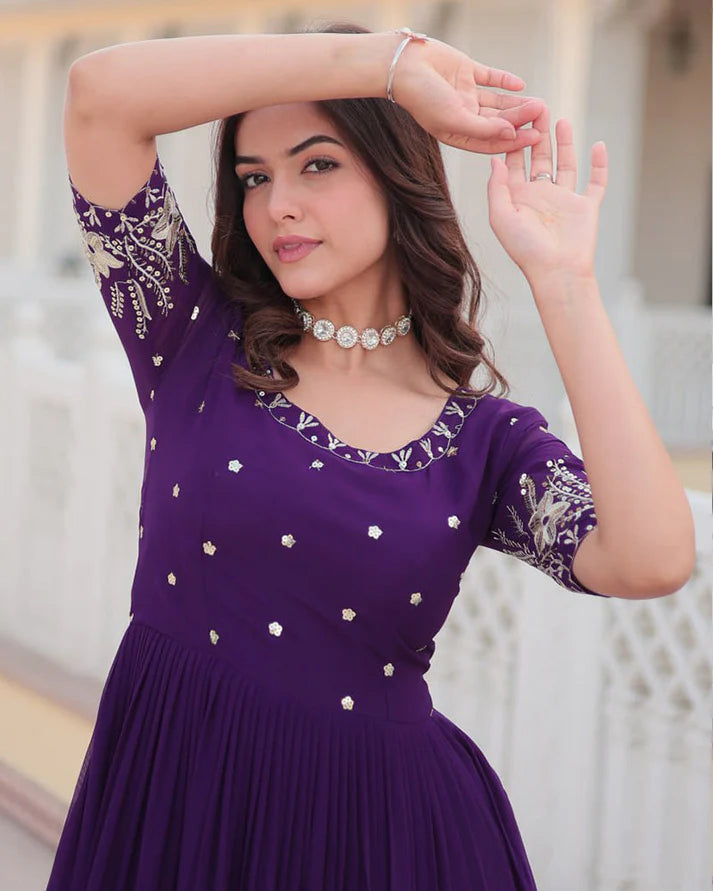 Four Layer Faux Blooming Embroidery Work Purple Gown