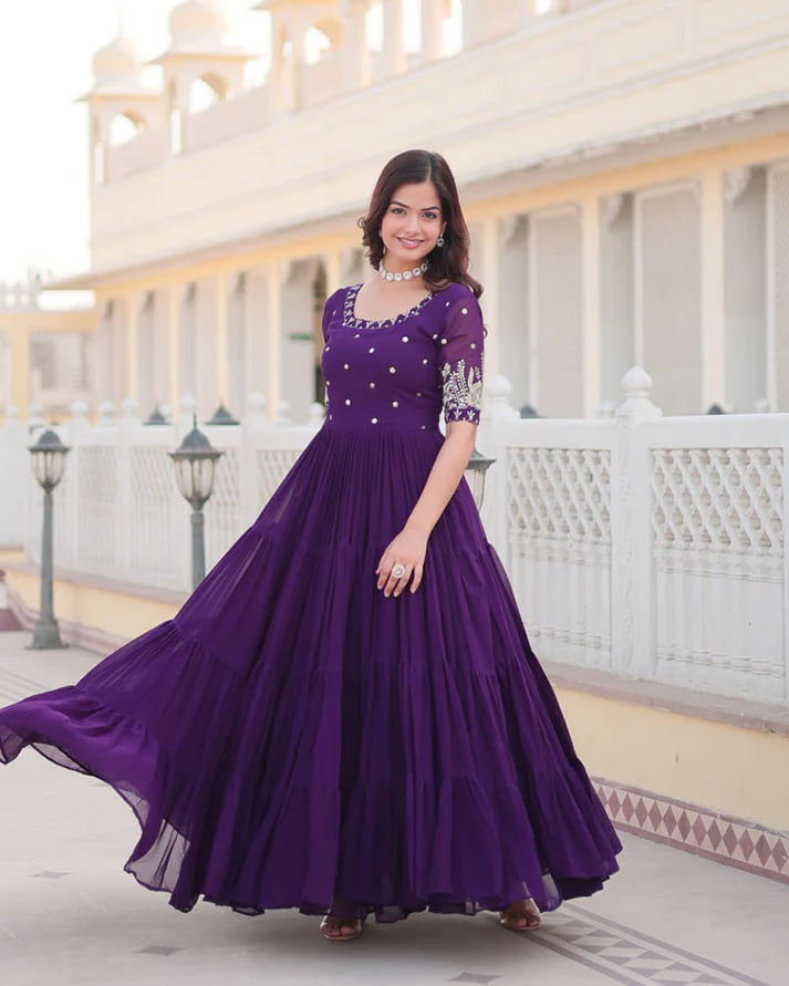 Four Layer Faux Blooming Embroidery Work Purple Gown